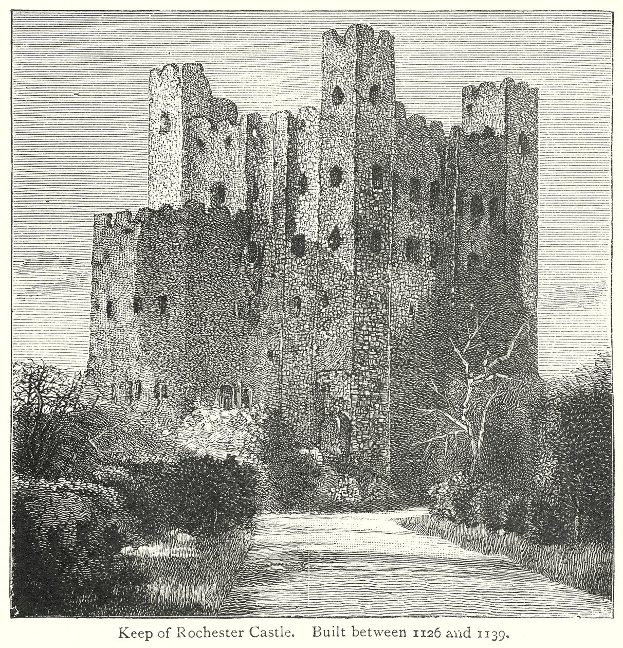 Keep van het kasteel van Rochester. Gebouwd tussen 1126 en 1139 (gravure) door English School