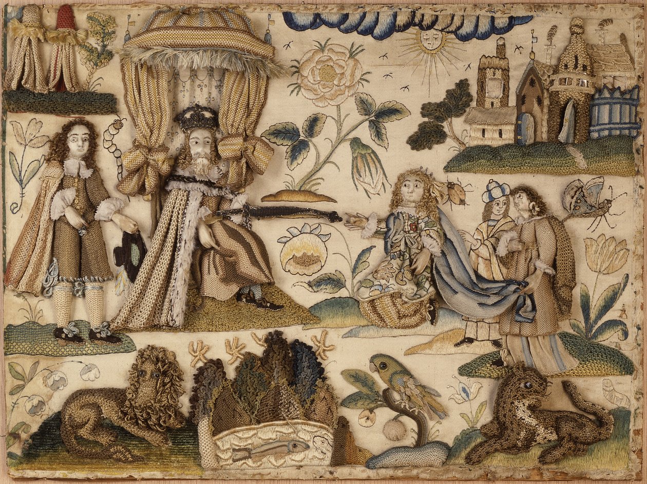 Koning Ahasveros en koningin Esther, ca. 1660 (zijde, metaalgarens  isinglass) door English School