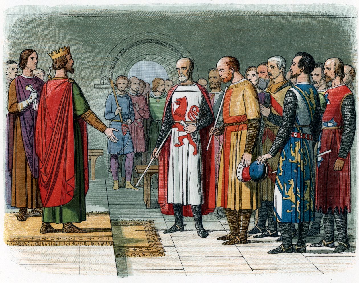 Koning Hendrik III van Engeland tegenover de Baron Commissie onder leiding van Simon V van Montfort, illustratie uit 