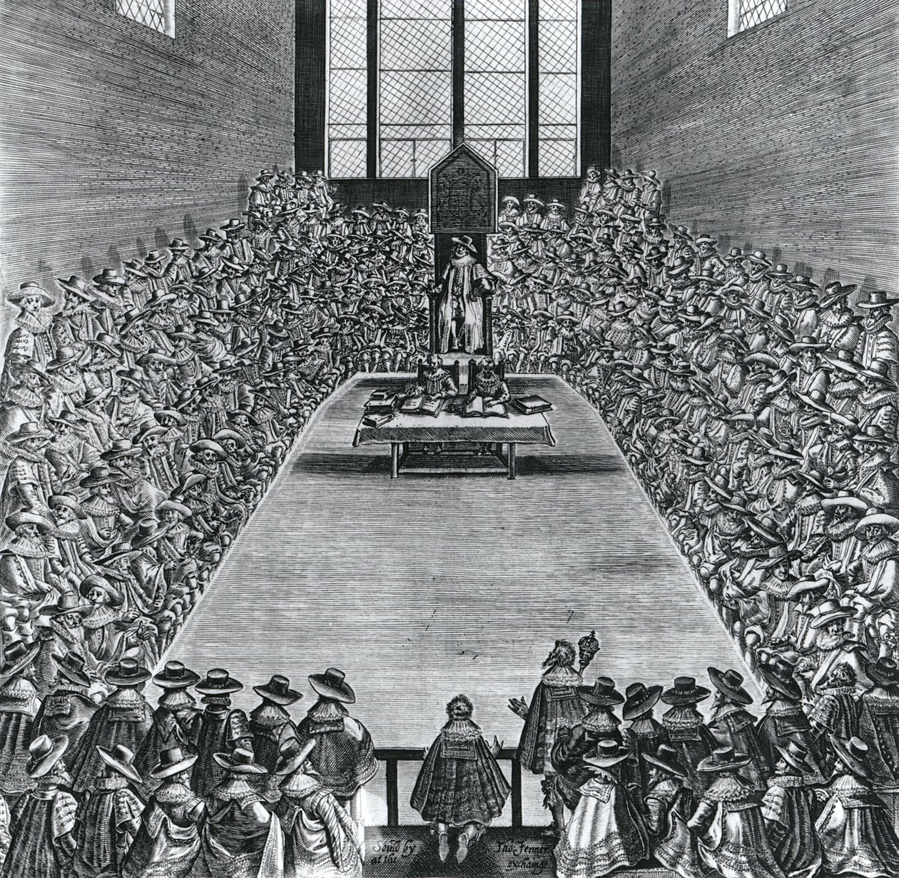 Koning James I (1566-1625) in de Huizen van het Parlement, 1624 door English School