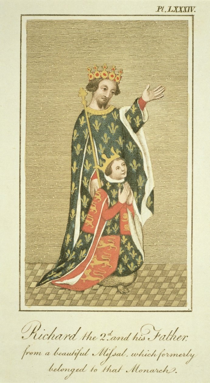 Koning Richard II (1367-1400) met zijn vader Edward (1330-76) de Zwarte Prins, illustratie uit The Complete View of the Dress and Habits of the People of England Volume II, gepubliceerd 1799 door English School