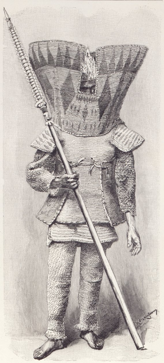 Kingsmill Eilander in Volledige Wapenrusting, uit De Geschiedenis van de Mensheid, Deel 1, door Prof. Friedrich Ratzel door English School