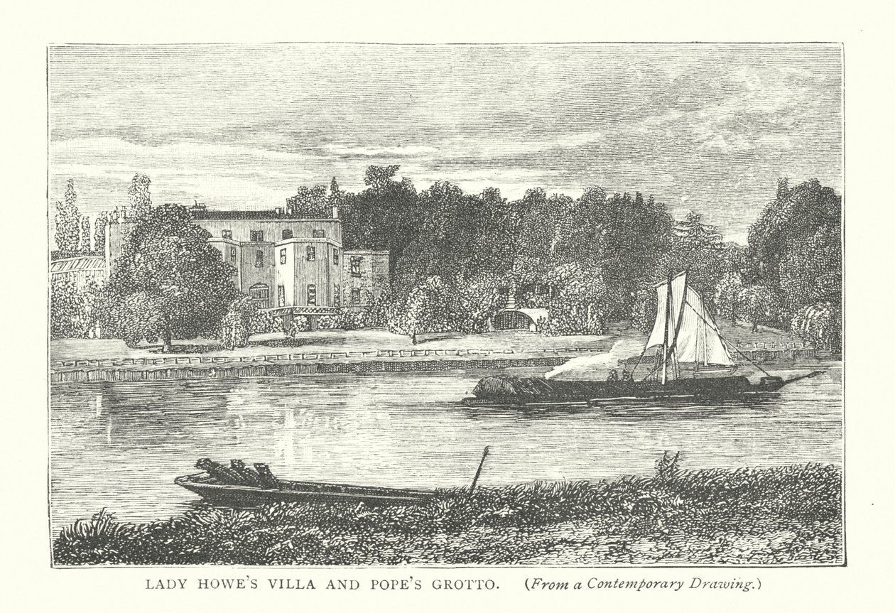 Villa van Lady Howe en Grot van Pope (gravure) door English School