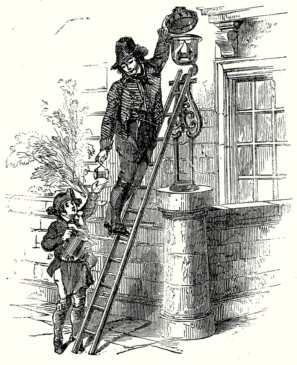 Lampenaansteker (gravure) door English School