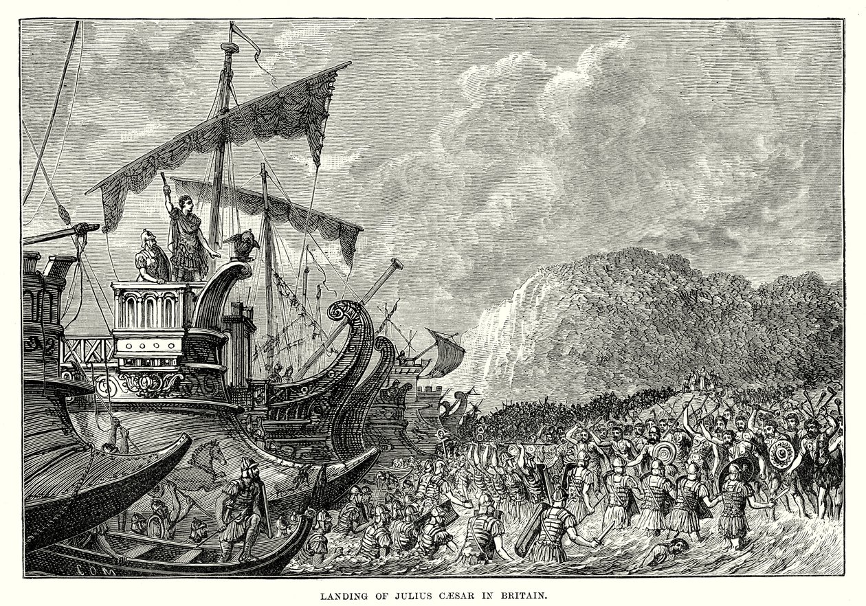 Landing van Julius Caesar in Groot-Brittannië (gravure) door English School