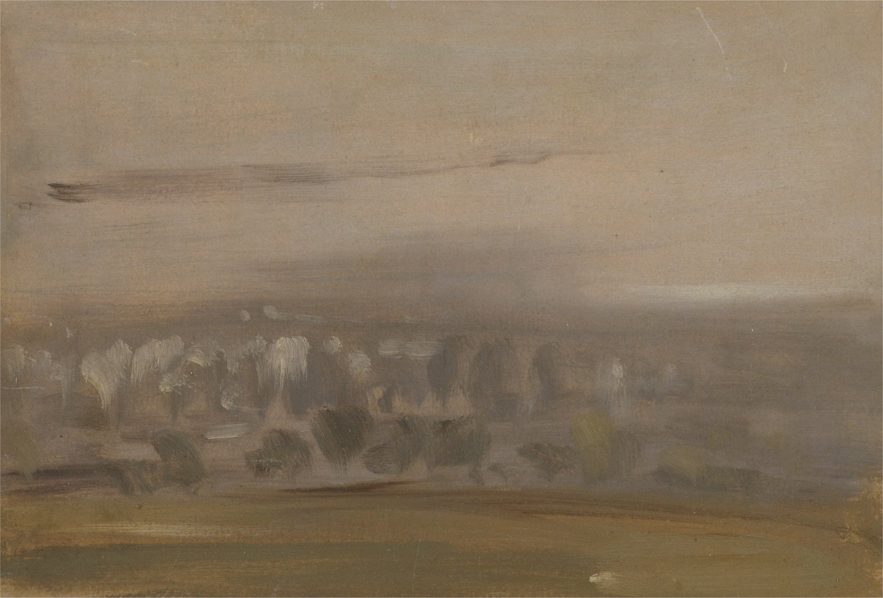 Landschap met bomen op een helling (Bosrijke vallei, gezien door mist) door English School