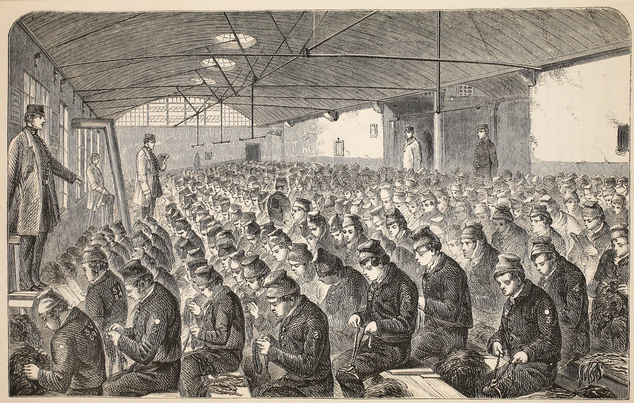 Grote Oakum-kamer (onder het Silent System) in het Middlesex House of Correction, Coldbath Fields, illustratie uit The Criminal Prisons of London and Scenes from Prison Life door Henry Mayhew en John Binny, uitgegeven in 1862 door English School