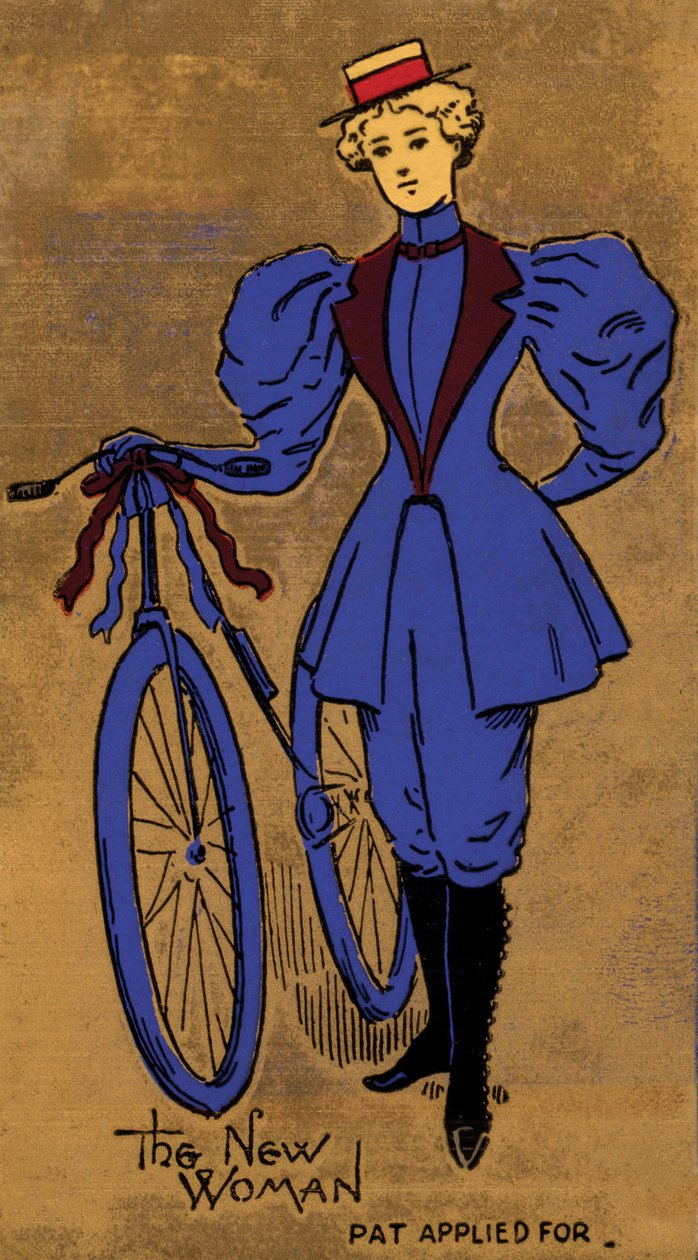 Eind 19e of begin 20e eeuwse vrouw en haar fiets, symbool van het begin van de vrouwenemancipatie (kleurenlitho) door English School