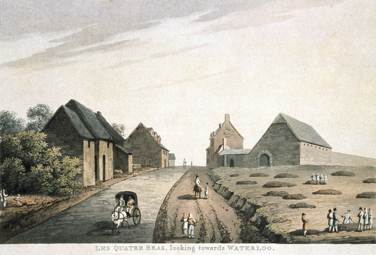 Les Quatre Bras, kijkend richting Waterloo, uitgegeven door R. Bowyer door English School