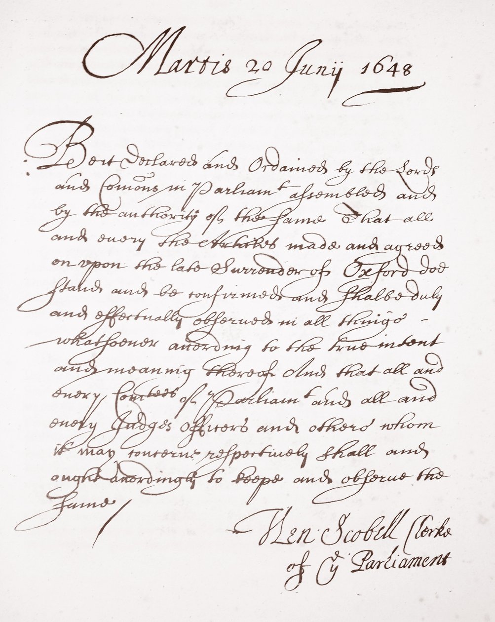 Brief van Henry Scobell, 20 juni 1648 door English School