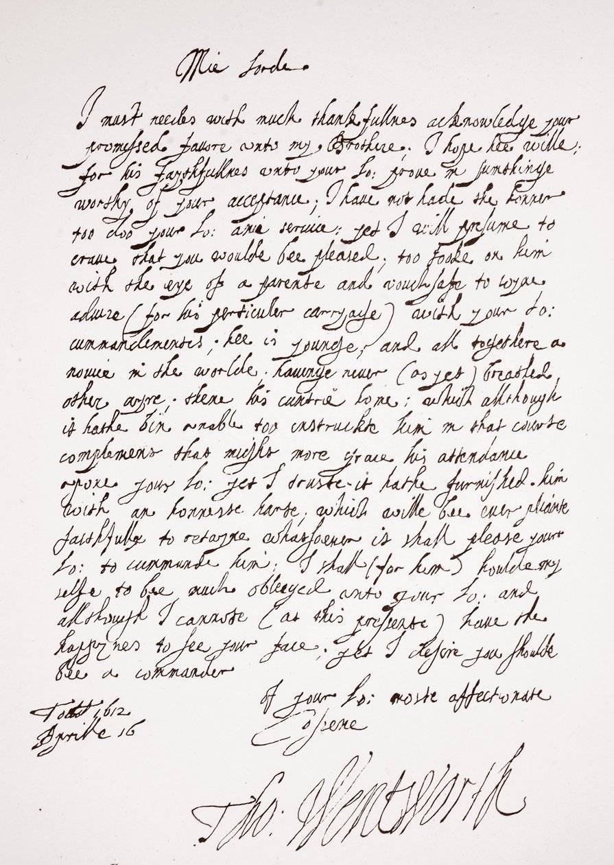 Brief van Thomas Wentworth, 16 april 1612 door English School