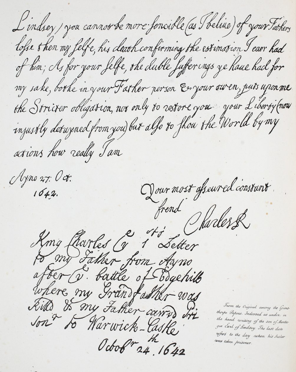 Brief van Karel II aan Montague, Graaf van Lindsey, 27 oktober 1642 door English School