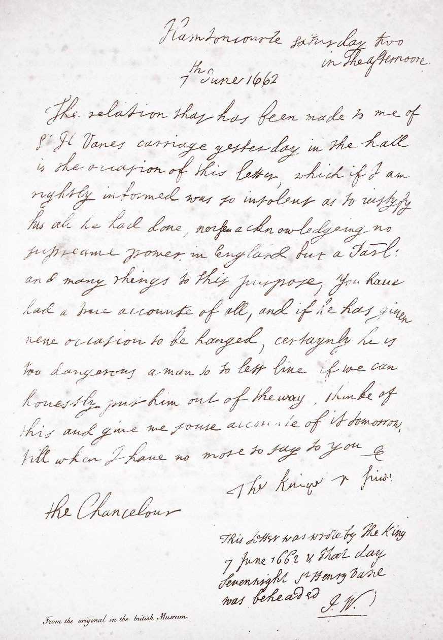 Brief van Karel II aan kanselier Lord Clarendon, 7 juni 1662 door English School