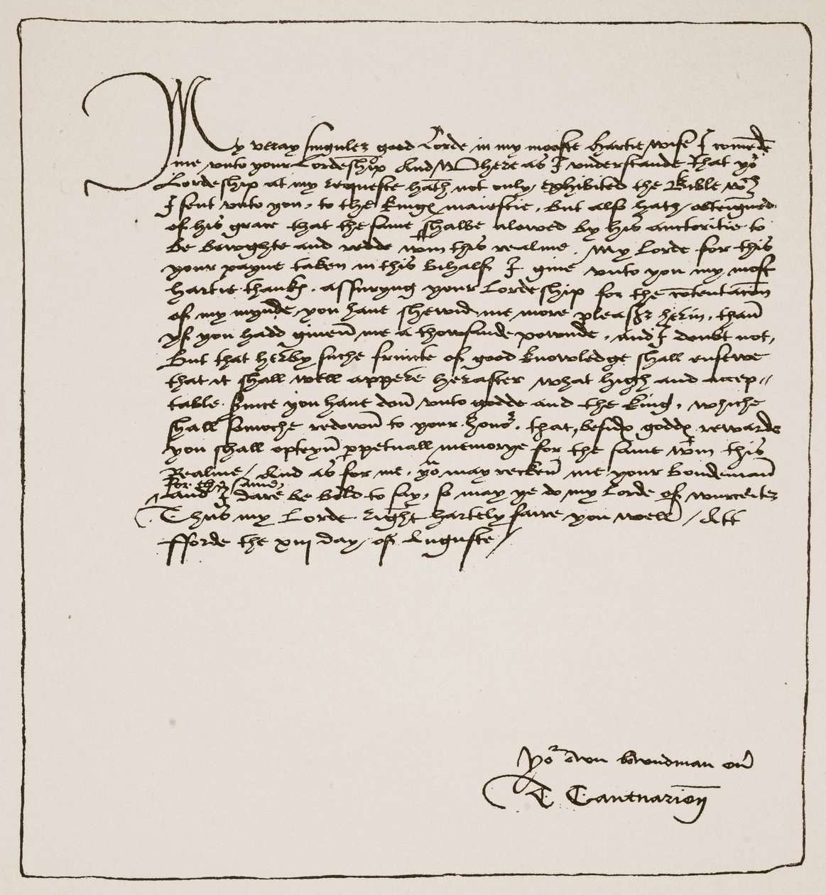Brief van Cranmer aan Cromwell waarin hij hem bedankt voor het verkrijgen van de koninklijke toestemming voor Matthews Engelse Bijbel, 1537, uit De Kerk van Engeland: Een Geschiedenis voor het Volk door H.D.M. Spence-Jones door English School