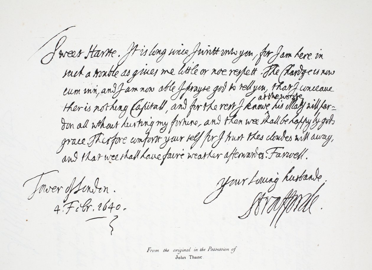 Brief van Lord Strafford aan zijn vrouw, vanuit de Tower of London, 4 februari 1640 door English School