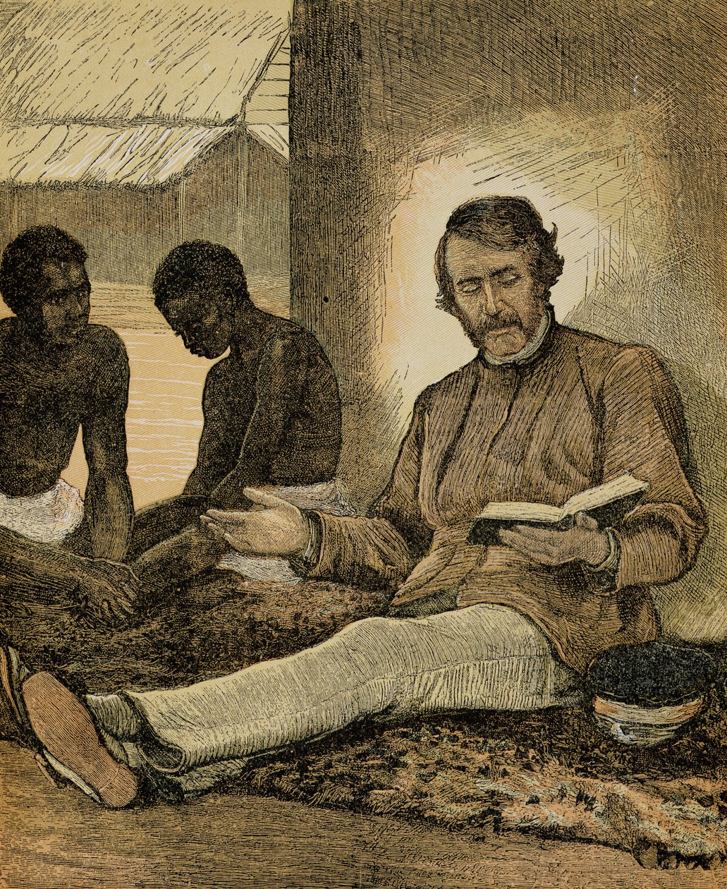 Livingstone leest de Bijbel (kleurengravure) door English School