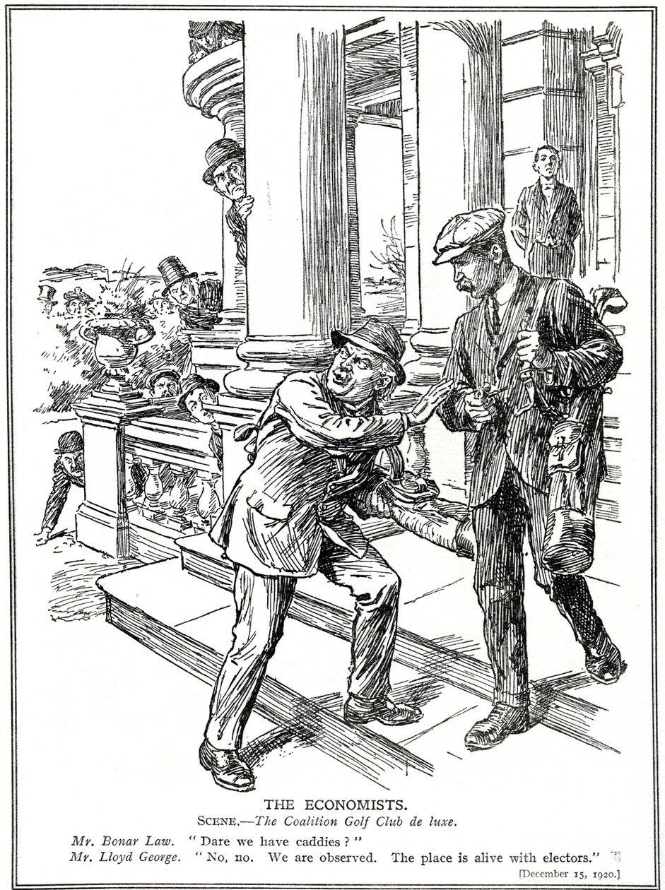Lloyd George en Bonar Law bij de Coalition Golf Club, bang voor de Anti-Waste League, moeten het zonder caddies doen, december 1920 door English School