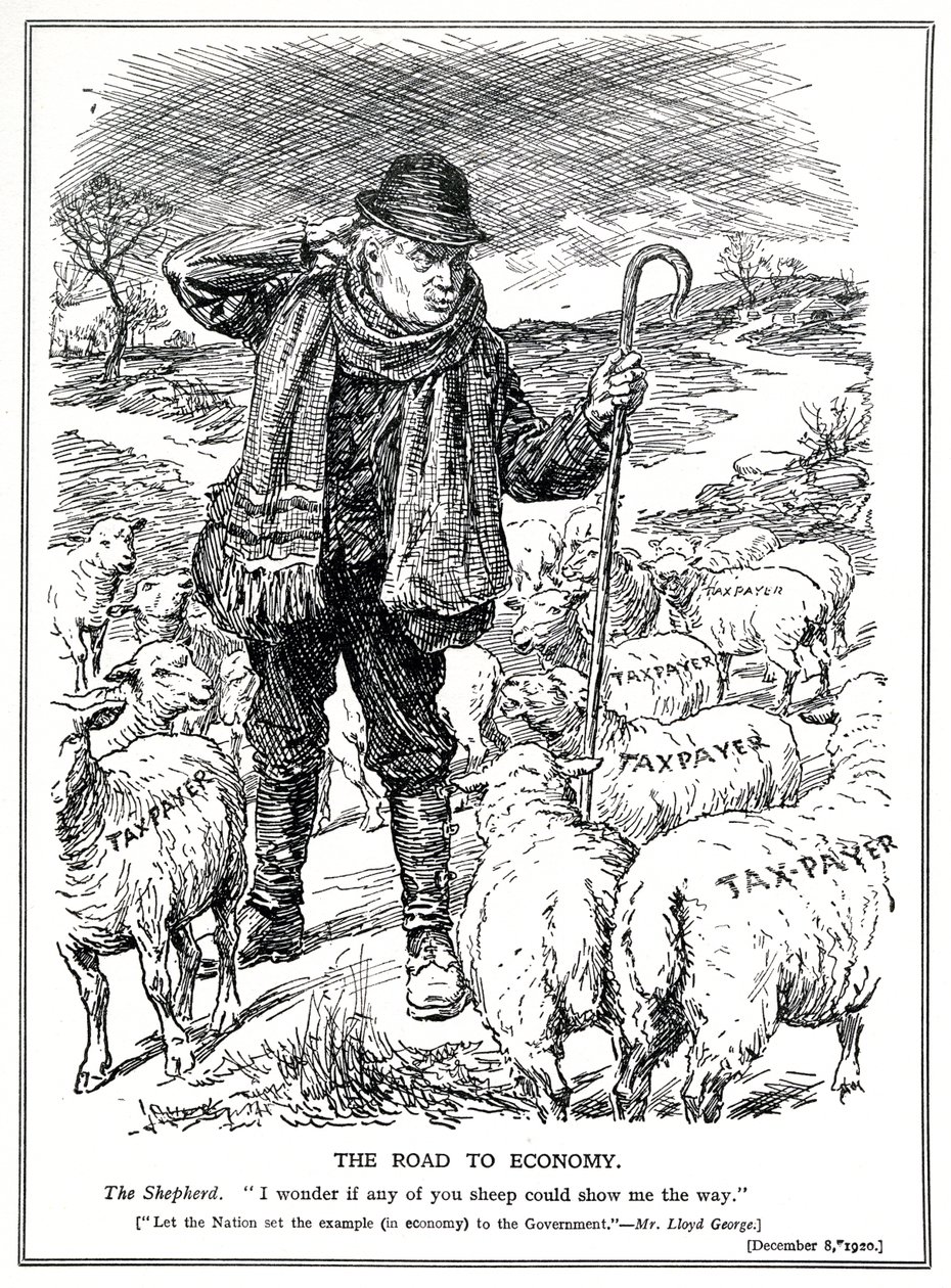 Lloyd George als de herder van Groot-Brittannië vraagt de belastingbetalers (schapen) om het herstel van de economie te leiden, december 1920 door English School
