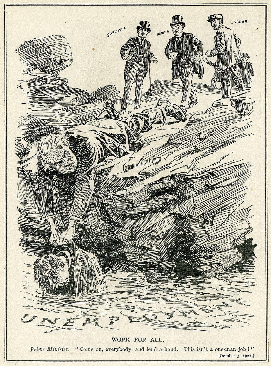 Lloyd George vertelt werkgevers, bankiers en arbeiders samen te werken om werkloosheid te verslaan, 1921 door English School