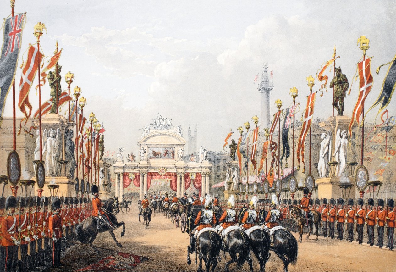 London Bridge, bewaakt door de Honourable Artillery Company of London, uit Een gedenkteken van het huwelijk van Edward VII en Alexandra van Denemarken, uitgegeven 1864 door English School