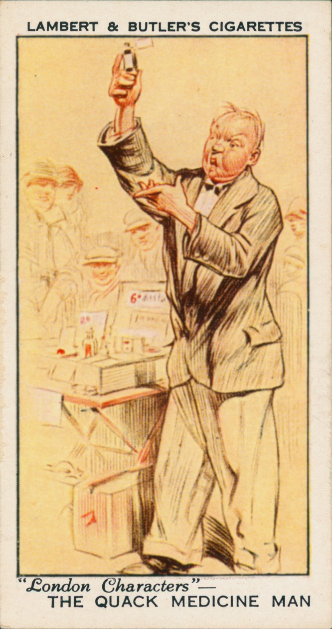 Personages in Londen: De kwakzalver medicijnman (kleurenlitho) door English School
