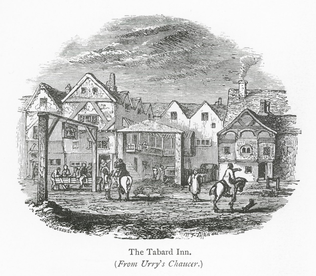 Clubs in Londen: The Tabard Inn (gravure) door English School