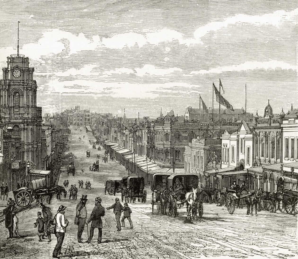 Kijkend naar het oosten langs Bourke Street, Melbourne, c.1880, uit 