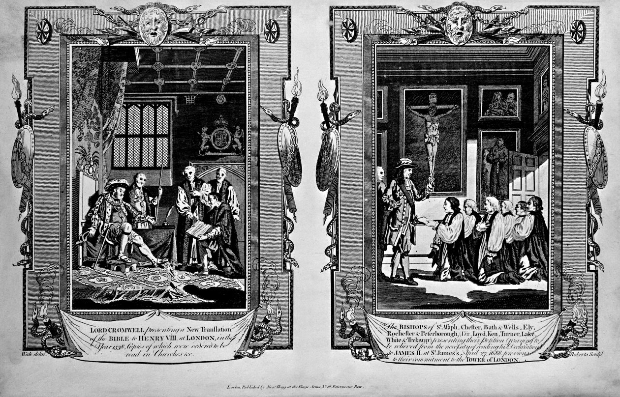 Lord Cromwell presenteert de bijbel aan Hendrik VIII en bisschoppen presenteren een petitie aan Jacobus II in 1688, uit 