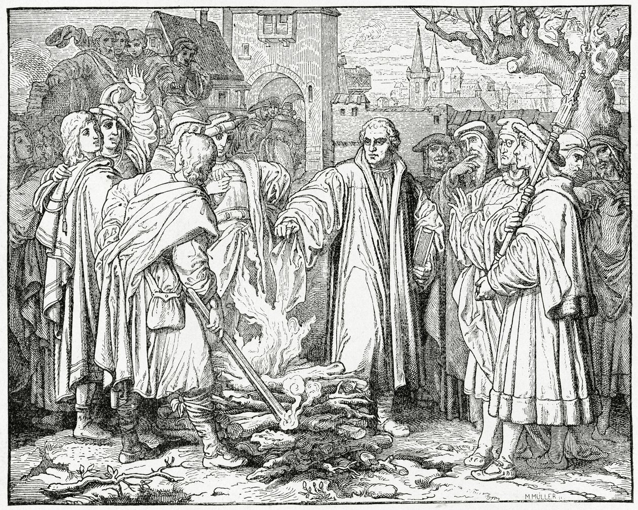 Luther verbrandt de pauselijke bul in 1520 door English School