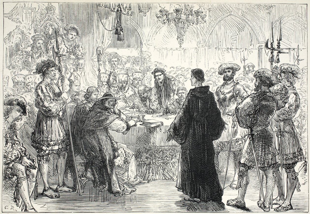 Luther voor de Rijksdag in Worms, illustratie uit The History of Protestantism door James Aitken Wylie (1808-1890), gepubliceerd 1878 door English School