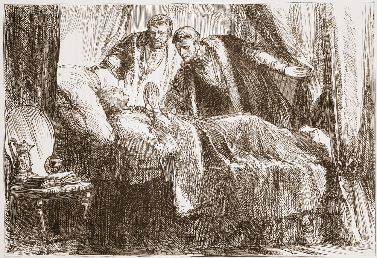Luther op zijn sterfbed, illustratie uit De Geschiedenis van het Protestantisme door James Aitken Wylie, gepubliceerd in 1878 door English School