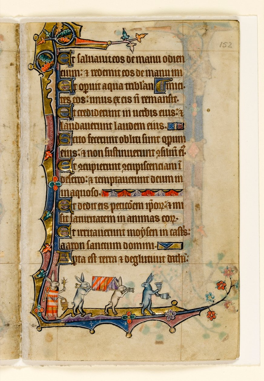 Een konijnenbegrafenisstoet, marginale decoratie uit de Macclesfield Psalter, Gebruik van Sarum, Oost-Anglia, ca. 1330 door English School