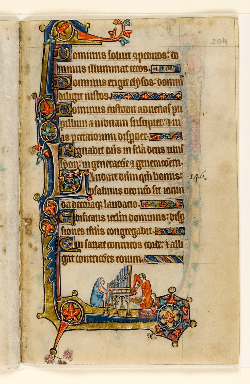 Een orgel bespelen, marginale decoratie uit de Macclesfield Psalter, Gebruik van Sarum, Oost-Anglia, ca. 1330 door English School