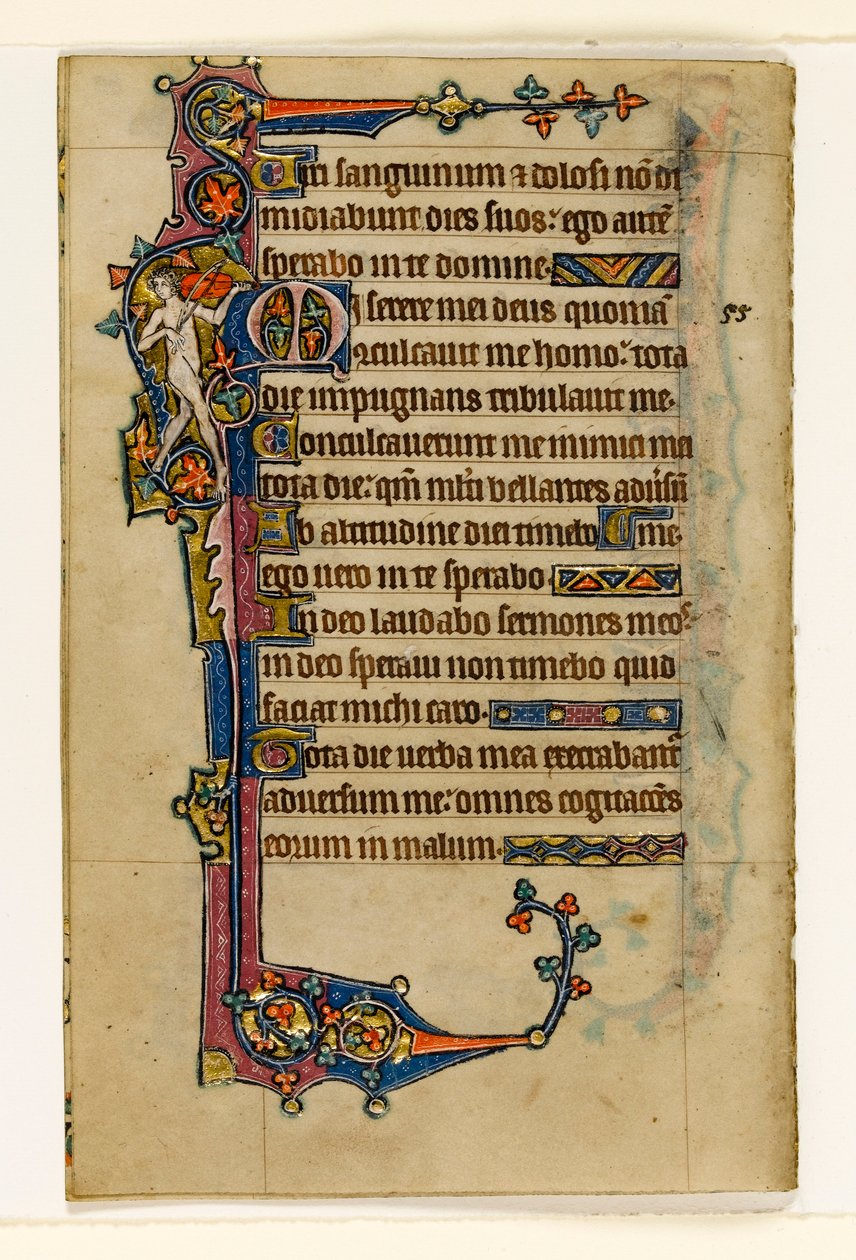 MS 1-2005, fol. 80v: Een naakte muzikant, marginaal decor uit de Macclesfield Psalter, Gebruik van Sarum, Oost-Anglia, c.1330 door English School