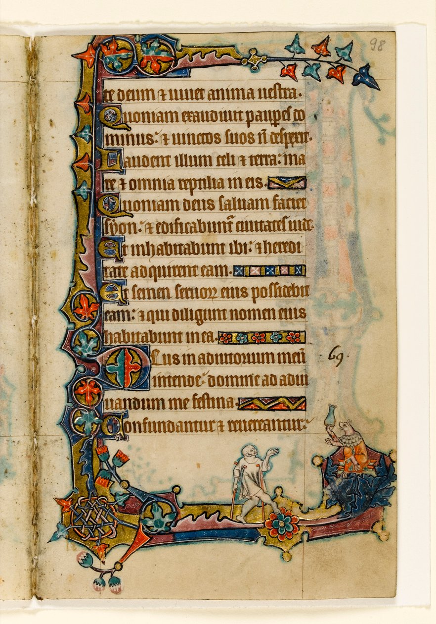 MS 1-2005, fol. 98r: Een bedelaar en een rijke varken (?), marginaal decor uit de Macclesfield Psalter, Gebruik van Sarum, Oost-Anglia, c.1330 door English School