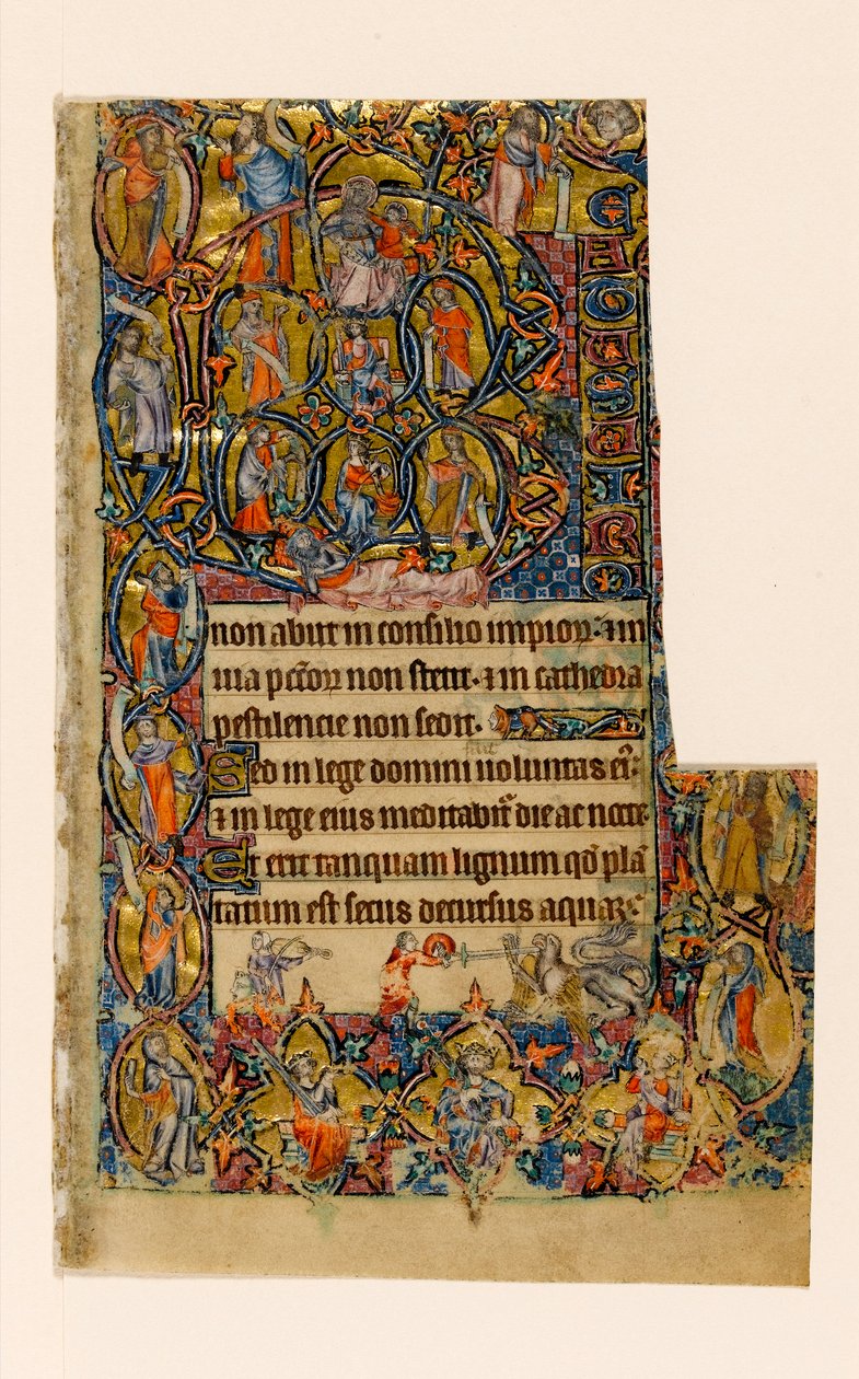 MS 1-2005, fol. 9r: De Boom van Jesse en de Beatus-initiaalrand met muzikant en grotesk gevecht, uit de Macclesfield Psalter, Gebruik van Sarum, Oost-Anglia, c.1330 door English School