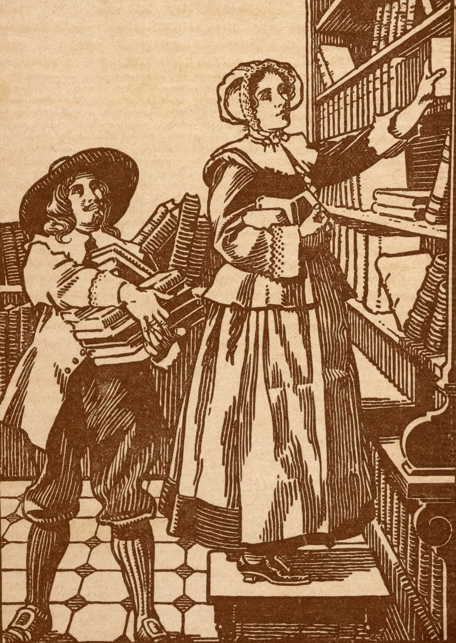 Mannelijke en vrouwelijke boekverkopers aan het werk in een 17e-eeuwse boekwinkel (litho) door English School