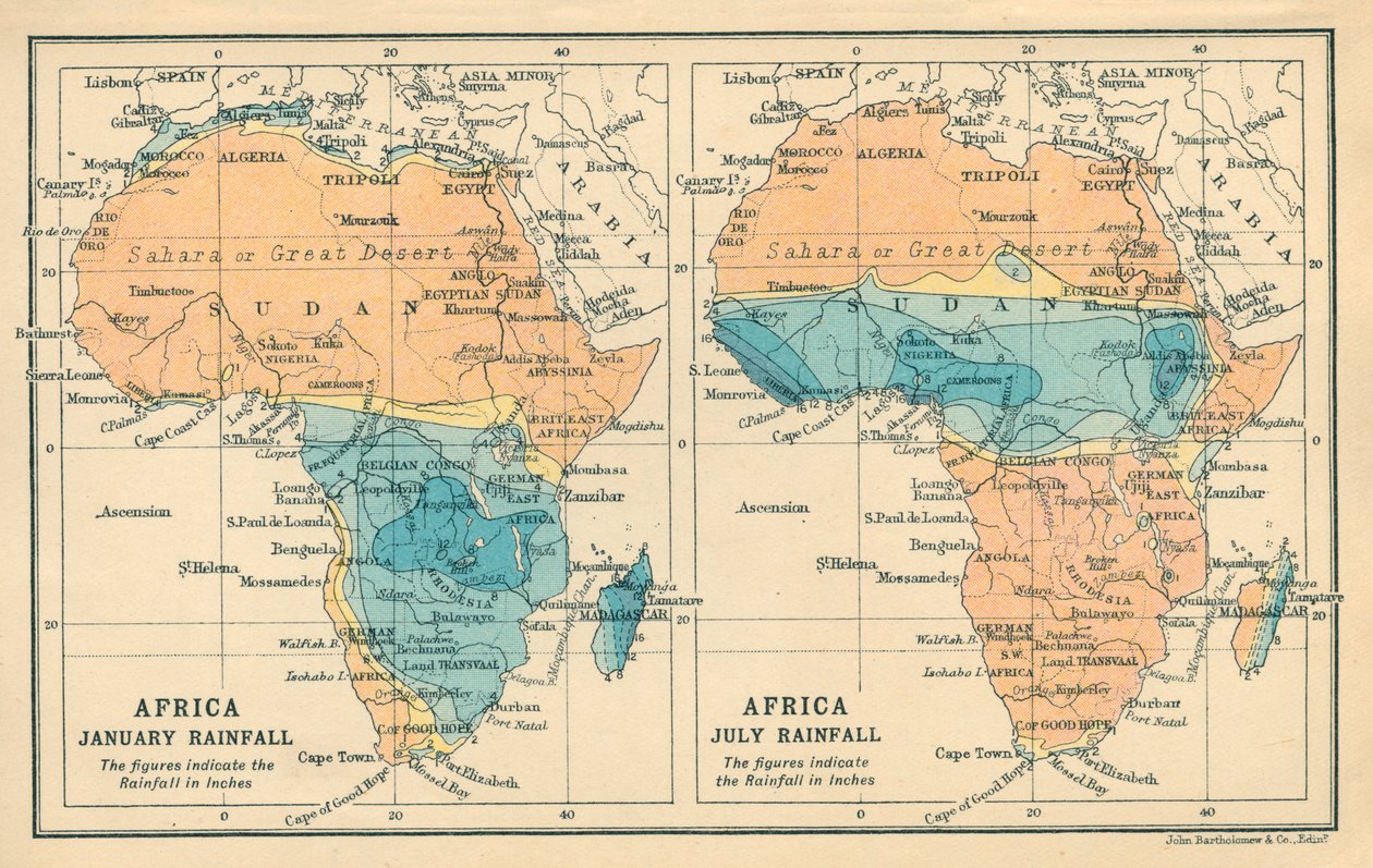 Kaart: Afrika, neerslag januari, neerslag juli (kleurenlitho) door English School