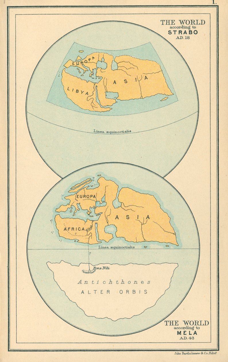 Kaart: De wereld volgens Strabo AD 18, Mela AD 43 (kleurenlitho) door English School