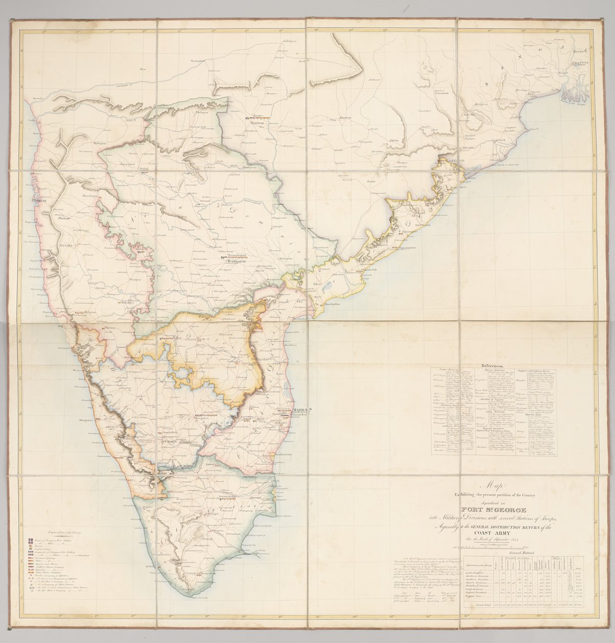Kaart met de huidige verdeling van het land afhankelijk van Fort St. George in militaire divisies met verschillende troepenstations door English School
