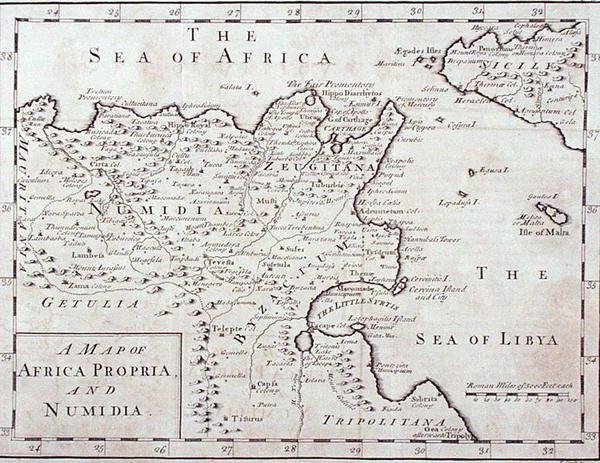Kaart van Africa Propria en Numidia (Modern Tunesië en Algerije) eind 18e eeuw door English School