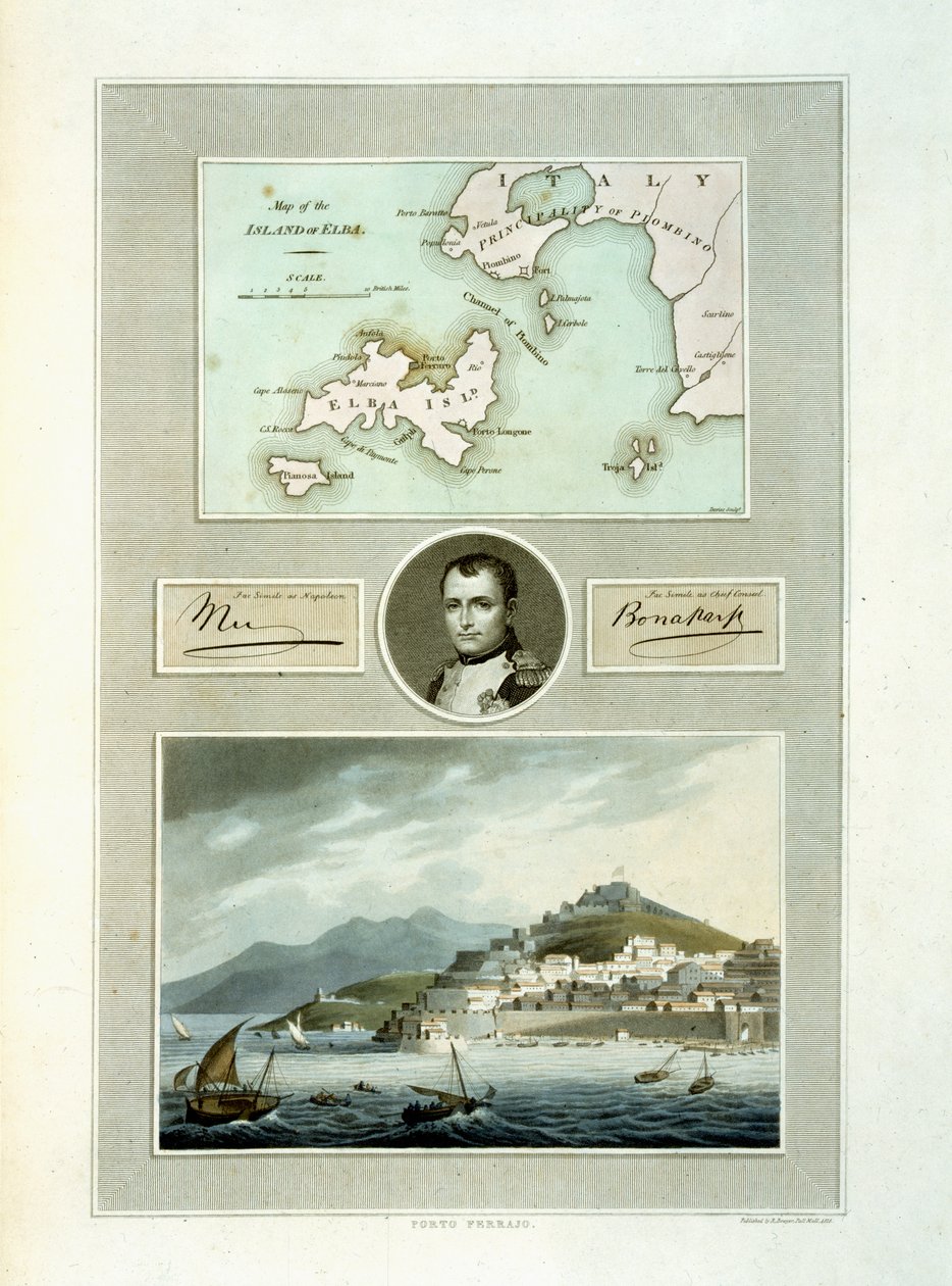 Kaart van Elba en uitzicht op Porto Ferraio met portret van Napoleon en facsimile van zijn handtekening, 1815 door English School