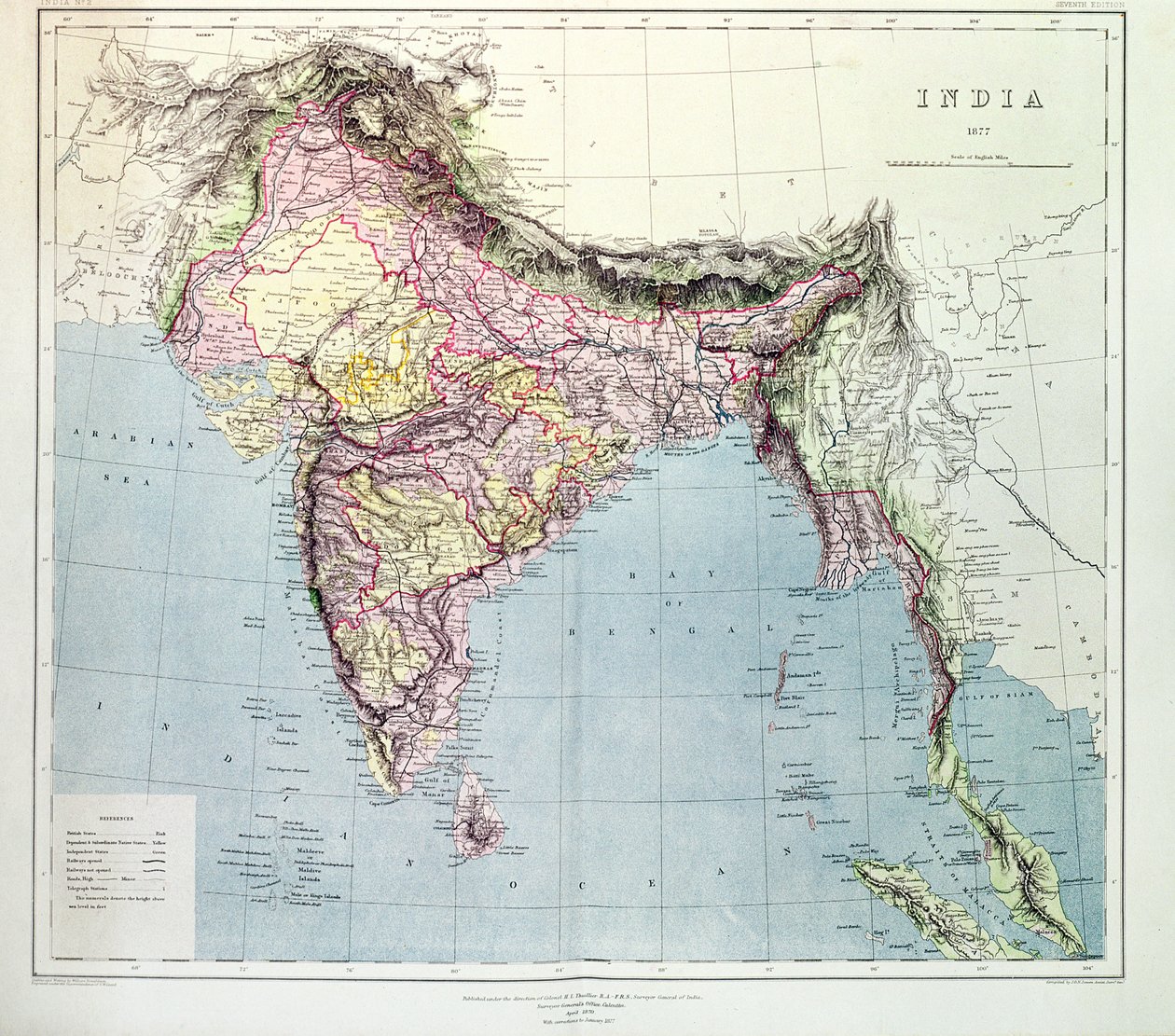 Kaart van India, gepubliceerd onder leiding van Kolonel H.R. Thuillier, R.E., Landmeter-Generaal van India, 1877 door English School