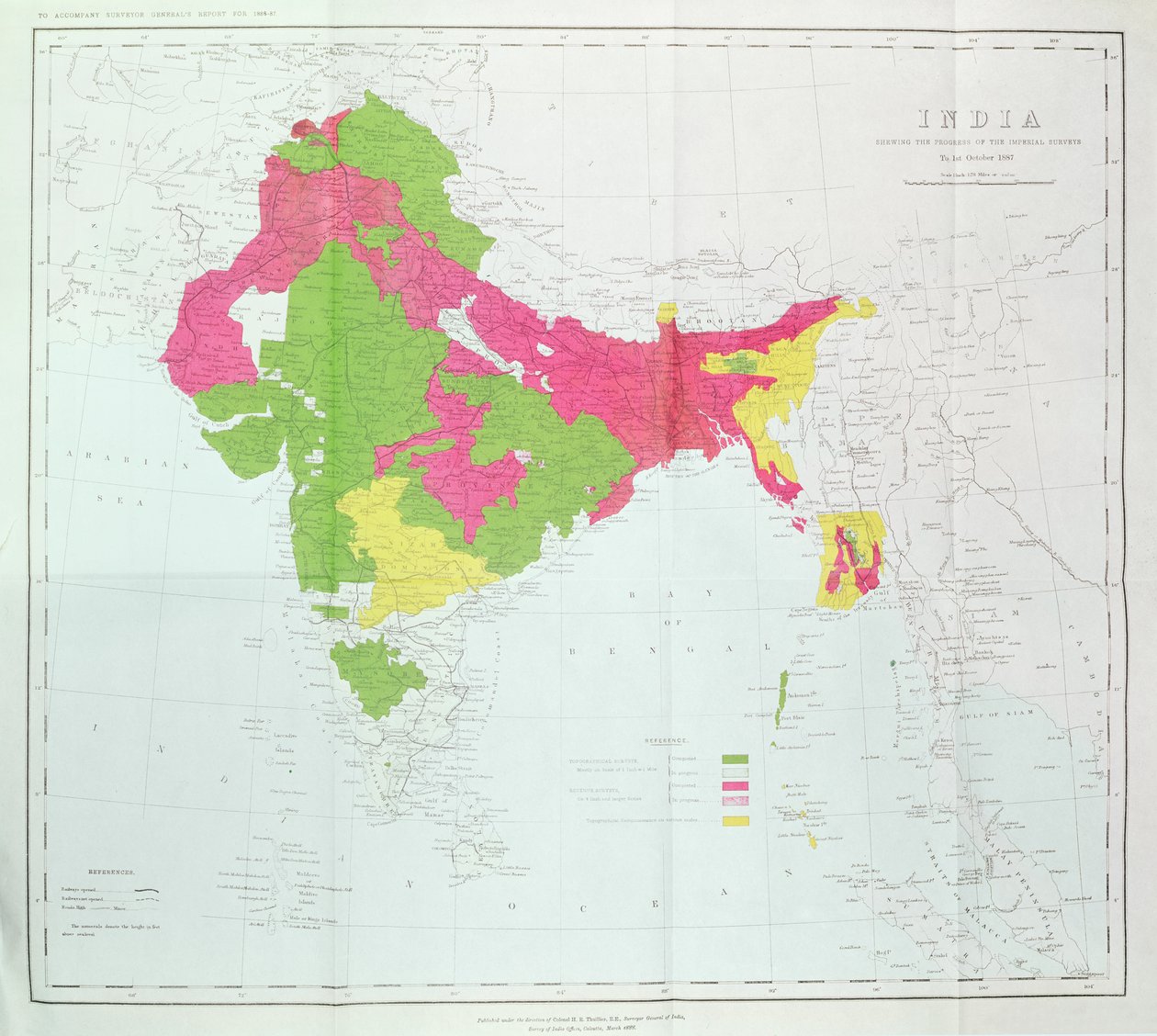 Kaart van India, met de voortgang van de Keizerlijke Onderzoeken, gepubliceerd onder leiding van Kolonel H.R. Thuillier, R.E., Opperlandmeter van India, 1888 door English School