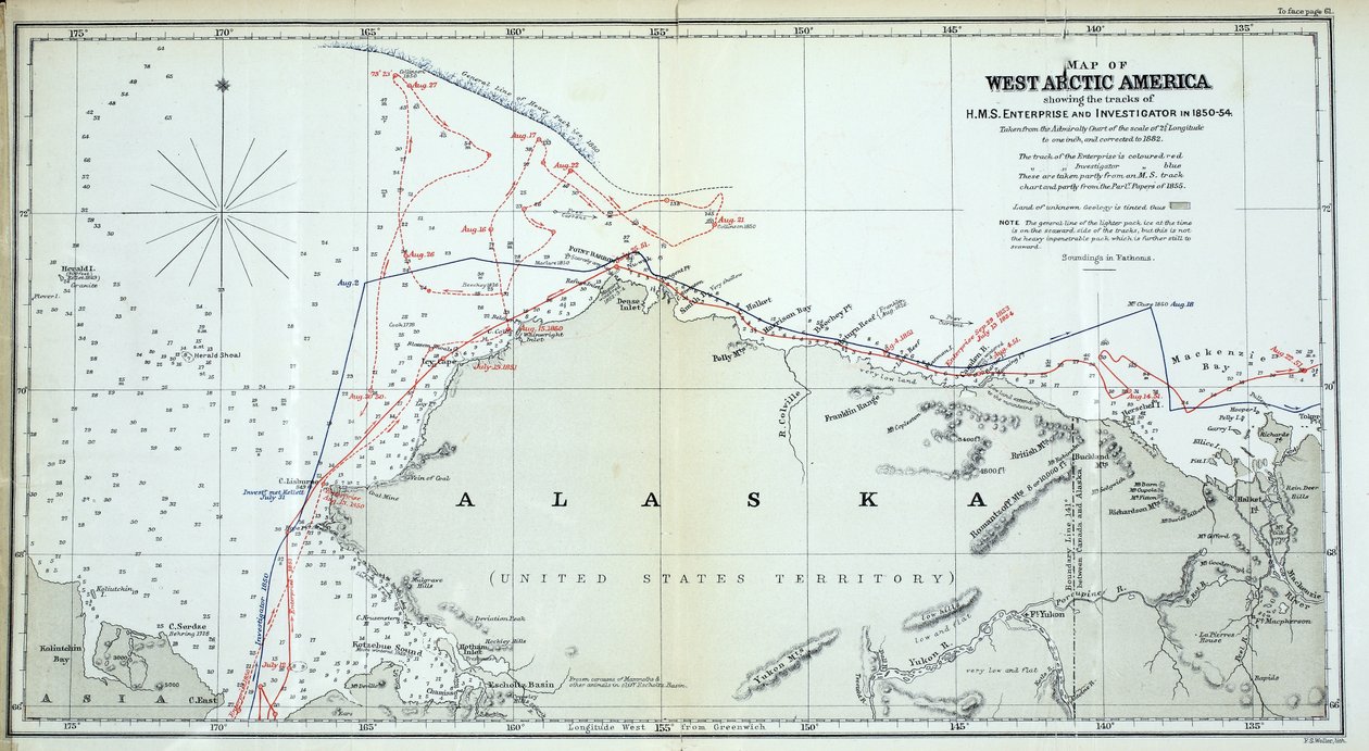 Kaart van West-Arctisch Amerika met de sporen van HMS Enterprise en Investigator in 1850-1854 door English School