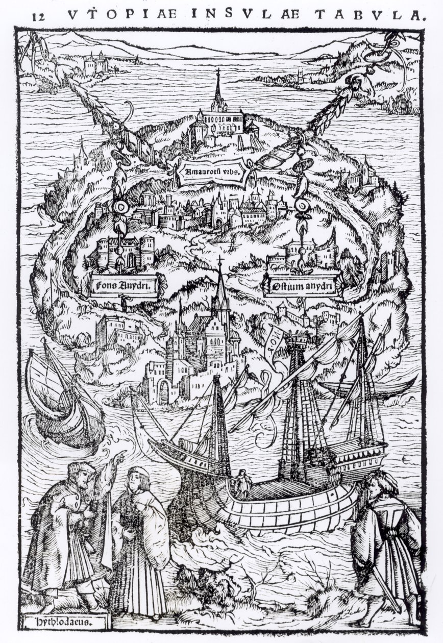 Kaart van het Eiland Utopia, Boek frontispice door English School