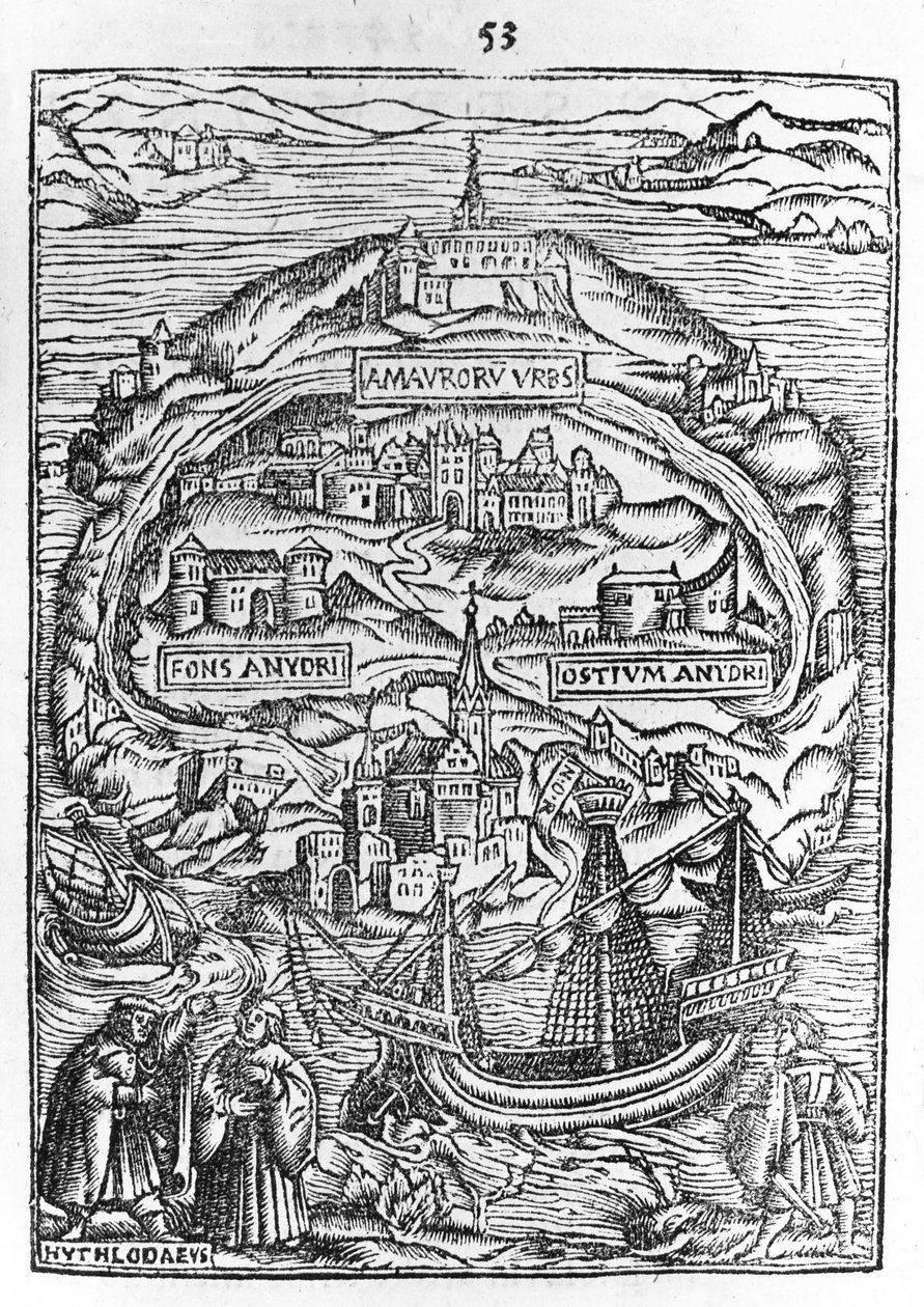 Kaart van het Eiland Utopia, Boek frontispice, 1563 door English School