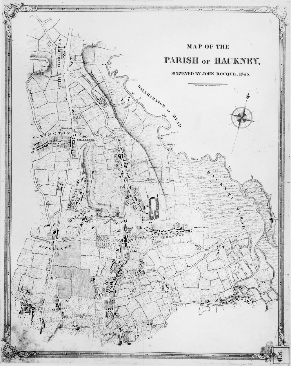 Kaart van de Parochie van Hackney, opgemeten door John Rocque (c.1709-1762) 1745 door English School