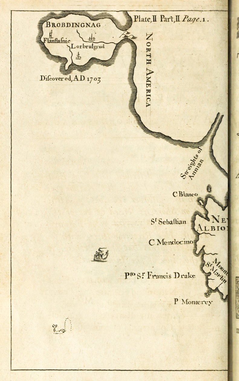 Kaart met de locatie van Brobdingnag uit de eerste editie van Reizen naar verschillende afgelegen landen van de wereld, beter bekend als Gullivers Reizen door Jonathan Swift door English School