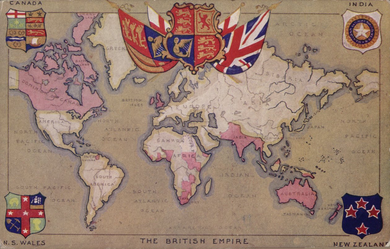 Kaart van het Britse Rijk met vlaggen en wapenschilden (kleurenlitho) door English School